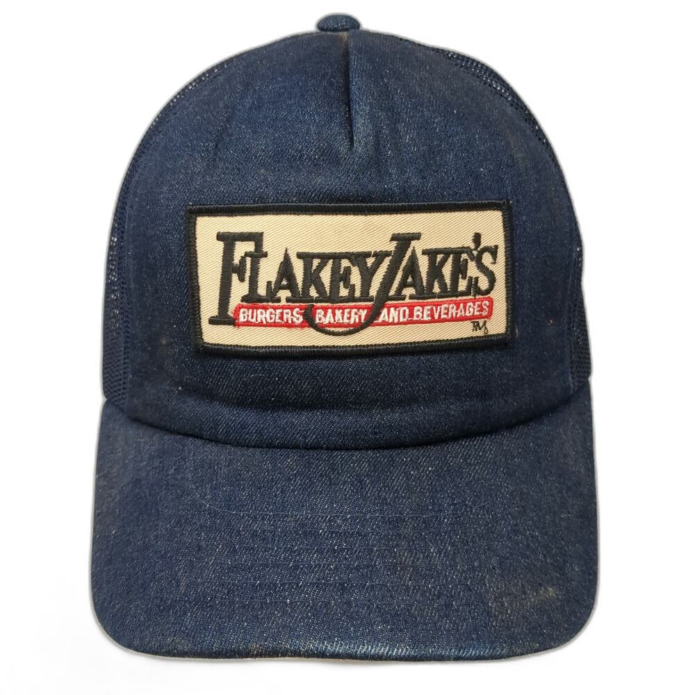 AJ Trucker Hat Blue OSFM Denim Snapback Flakey Jakes Burgers Bakery Beverages